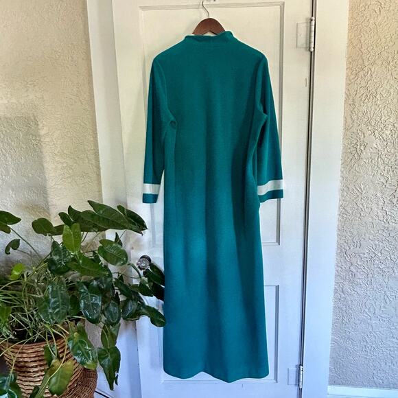 Vintage 70s Vanity Fair Velour Robe Teal & White Zip Front Lounge Dress Size 14 - Picture 6 of 15